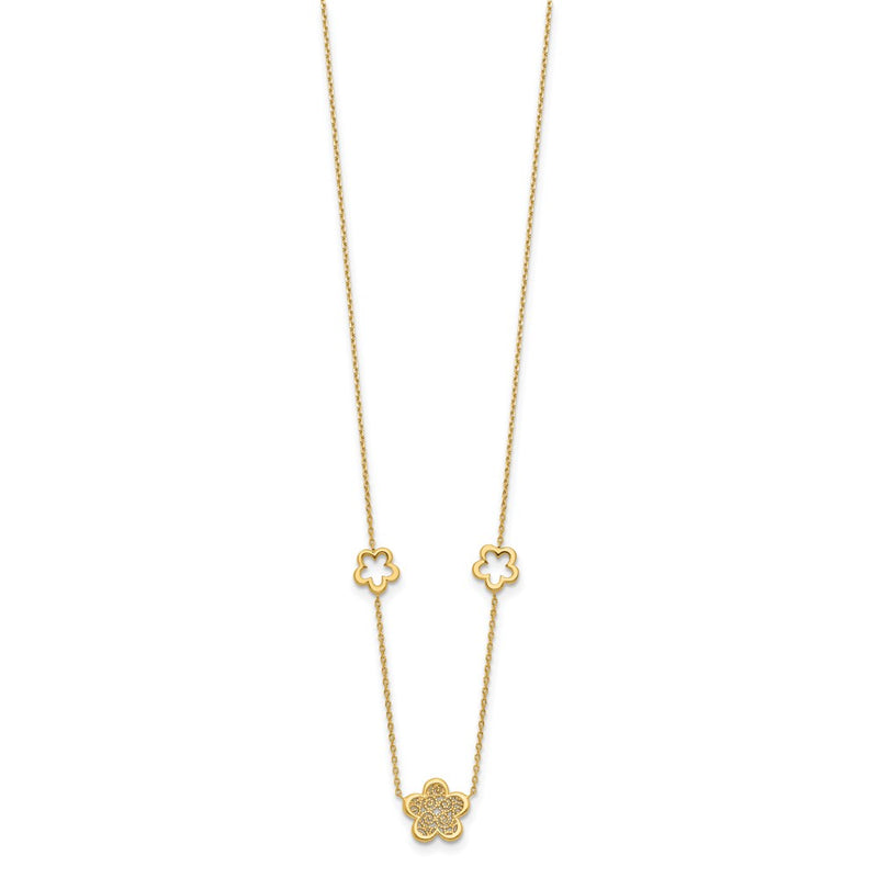 14K Yellow Gold Polished And Filigree Flower Stations With 1In. Ext. Necklace
