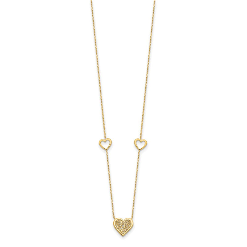 14K Yellow Gold Polished And Filigree Heart Stations With 1In. Ext. Necklace