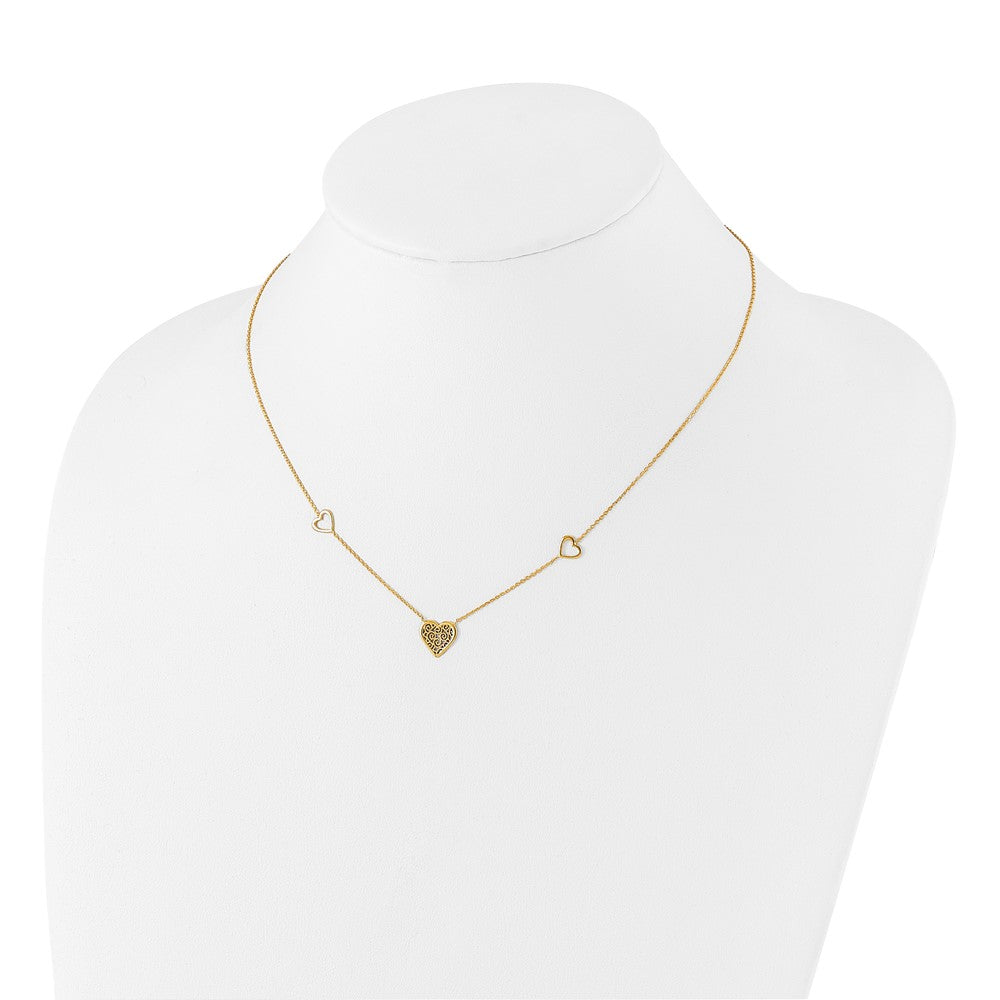 14K Yellow Gold Polished And Filigree Heart Stations With 1In. Ext. Necklace