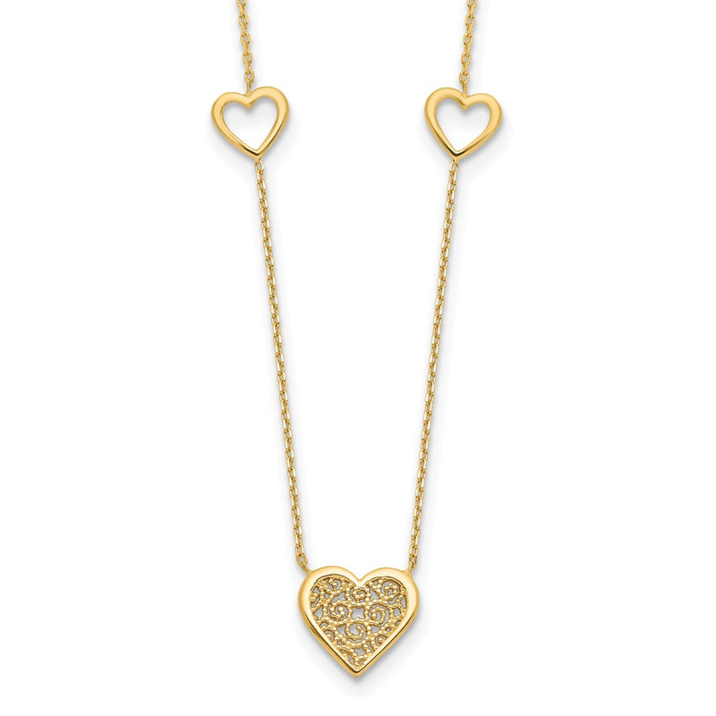 14K Yellow Gold Polished And Filigree Heart Stations With 1In. Ext. Necklace