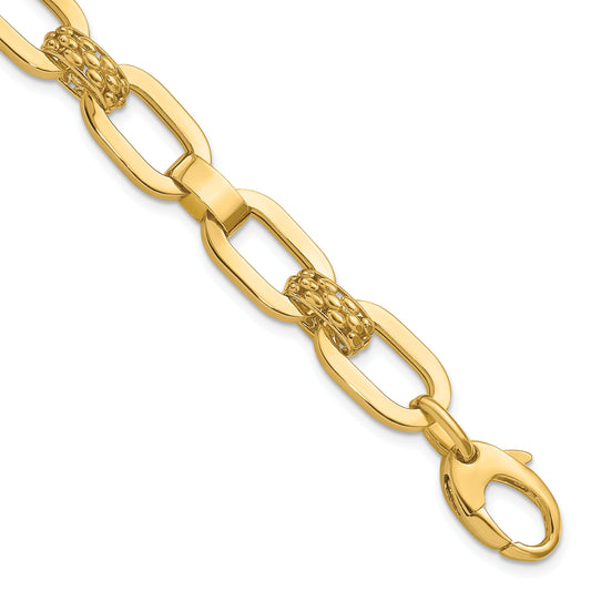 14K Yellow Gold Polished And Textured Fancy Link Bracelet
