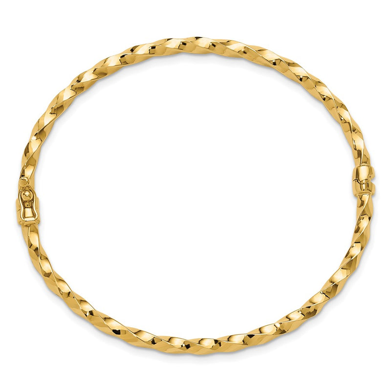 14K Yellow Gold Polished And Diamond Cut Twisted Hinged Bangle