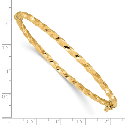 14K Yellow Gold Polished And Diamond Cut Twisted Hinged Bangle