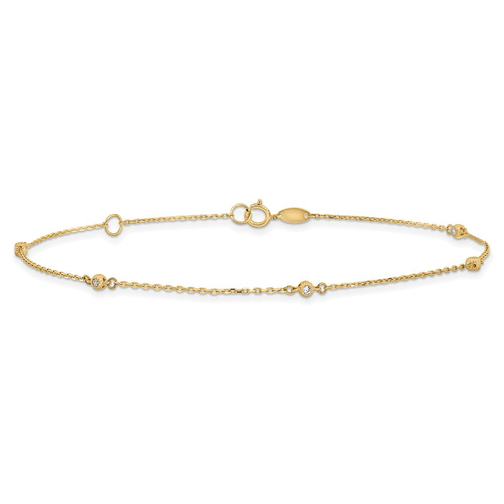 14K Yellow Gold Polished CZ Station 9in Plus 1in. Ext. Anklet