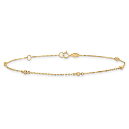 14K Yellow Gold Polished CZ Station 9in Plus 1in. Ext. Anklet