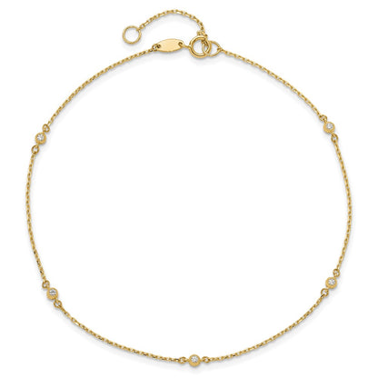 14K Yellow Gold Polished CZ Station 9in Plus 1in. Ext. Anklet