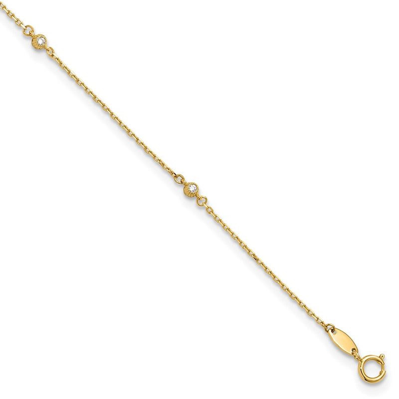 14K Yellow Gold Polished CZ Station 9in Plus 1in. Ext. Anklet