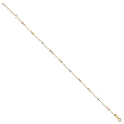 14K Tri-Color Polished with D/c Beads 9in Plus 1in. Ext. Anklet