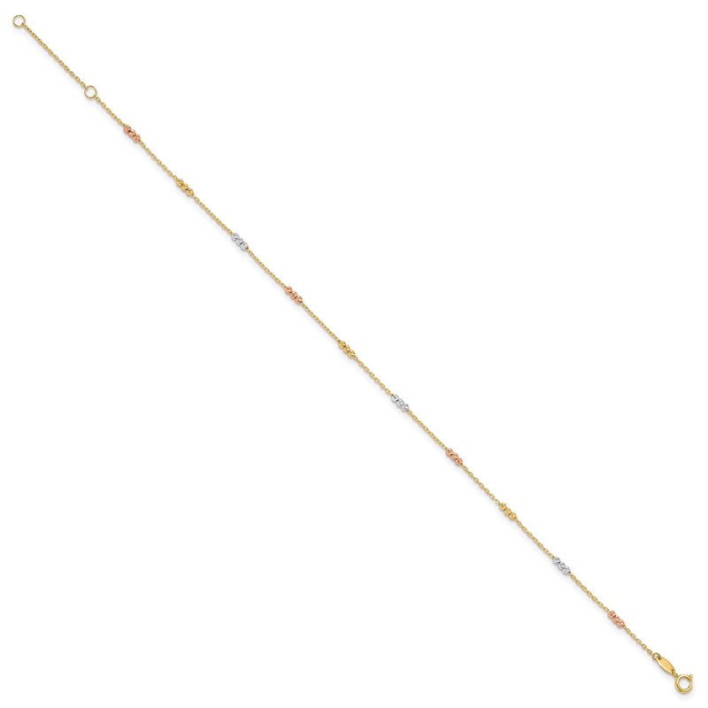 14K Tri-Color Polished with D/c Beads 9in Plus 1in. Ext. Anklet