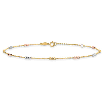 14K Tri-Color Polished with D/c Beads 9in Plus 1in. Ext. Anklet