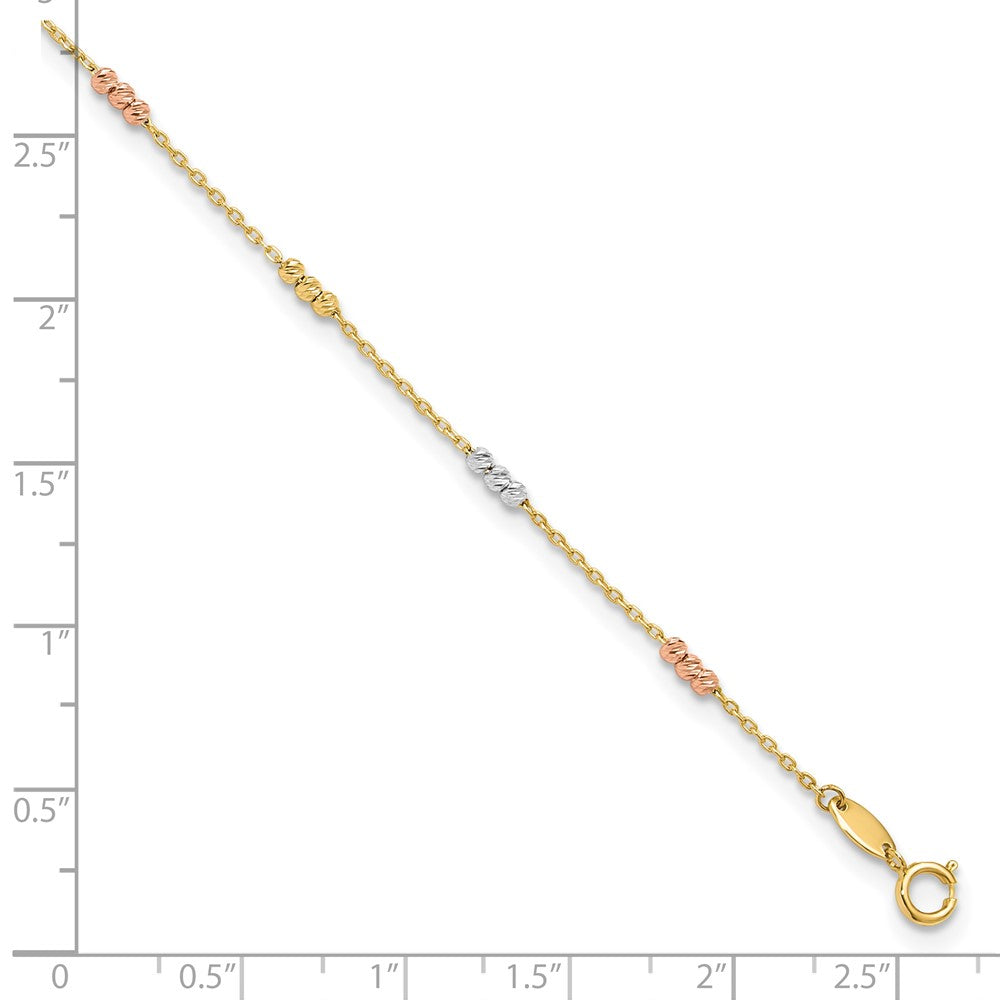14K Tri-Color Polished with D/c Beads 9in Plus 1in. Ext. Anklet