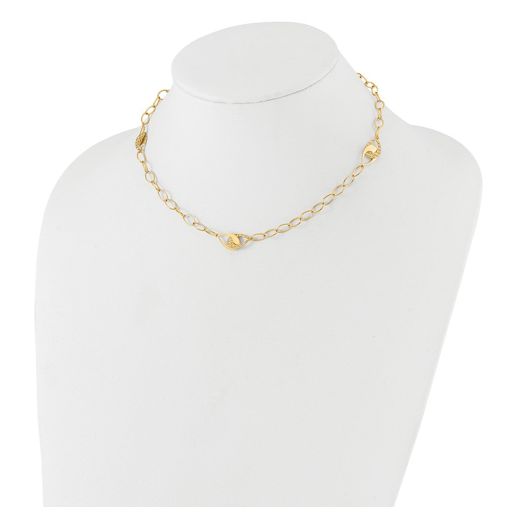 14K Yellow Gold Polished And Diamond Cut Fancy Link With Ext. Chain Necklace