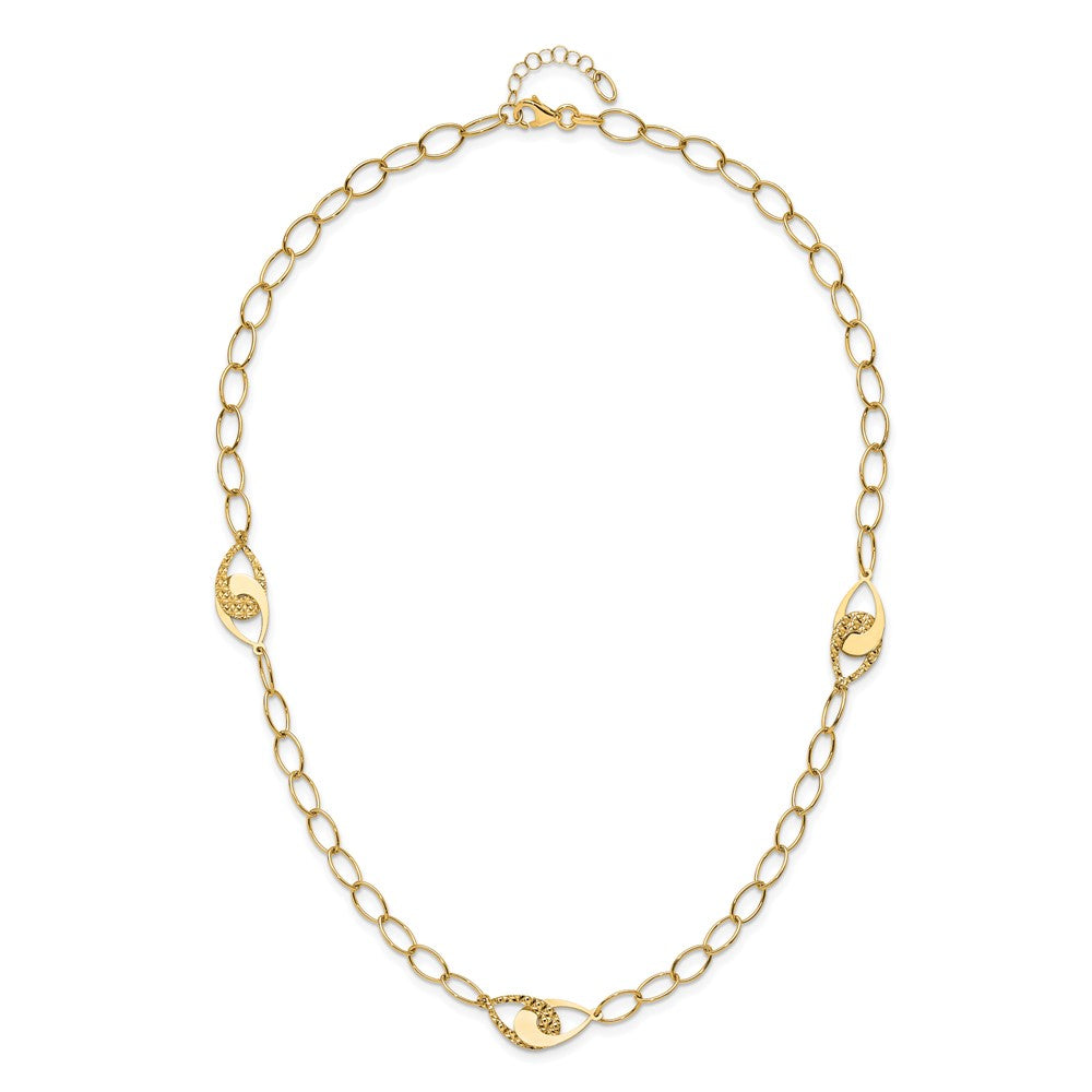 14K Yellow Gold Polished And Diamond Cut Fancy Link With Ext. Chain Necklace