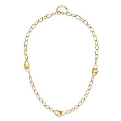 14K Yellow Gold Polished And Diamond Cut Fancy Link With Ext. Chain Necklace