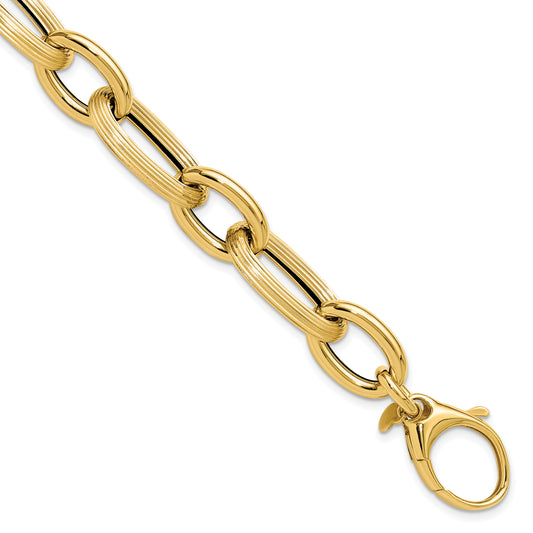 14K Yellow Gold Polished Textured Hollow Fancy Link Bracelet