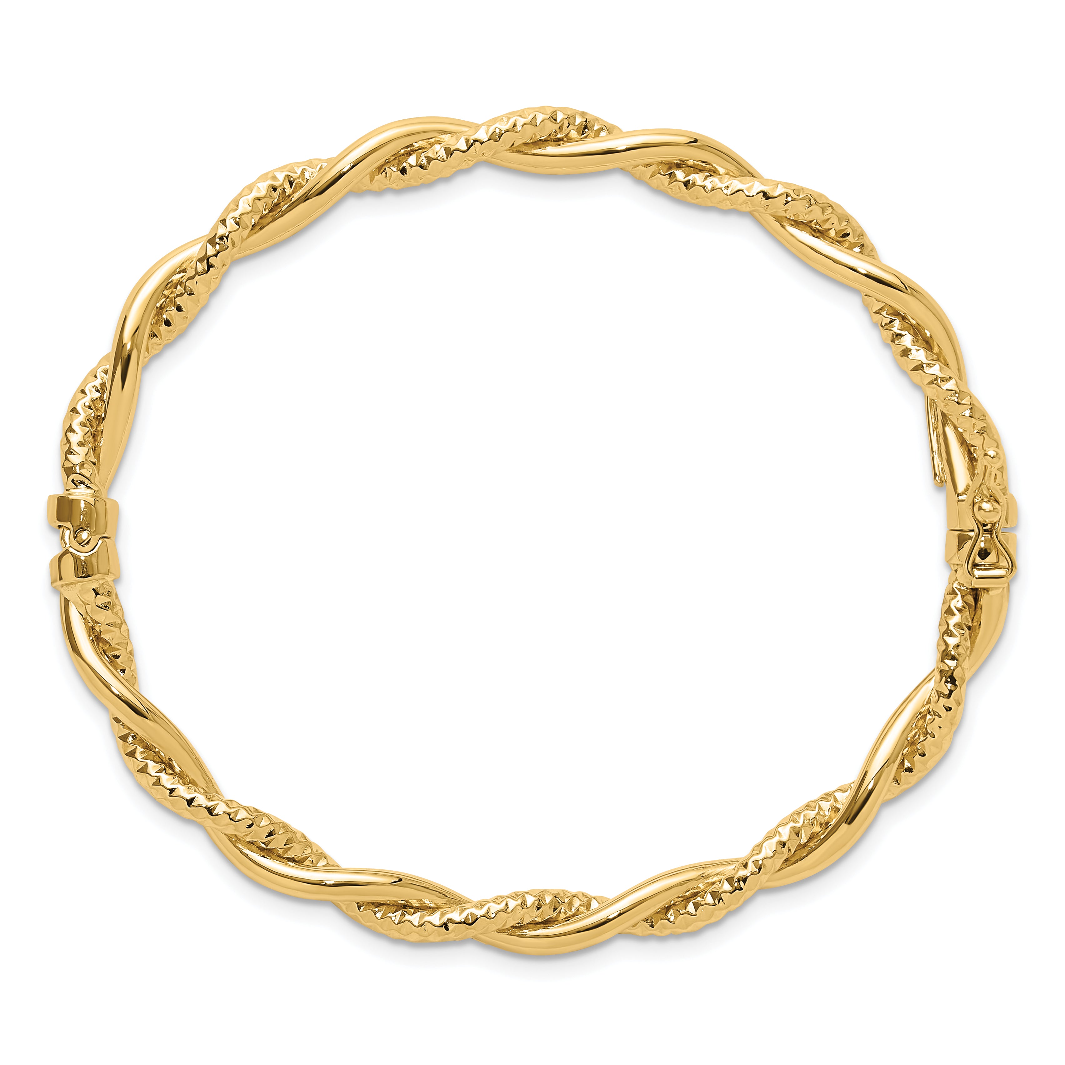 14K Yellow Gold Polished And Textured Twisted Hinged Bangle