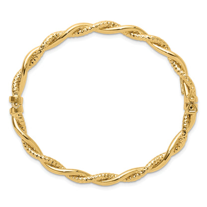 14K Yellow Gold Polished And Textured Twisted Hinged Bangle