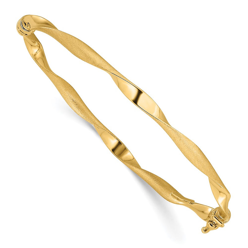 14K Yellow Gold Polished And Brushed Twisted Hinged Bangle