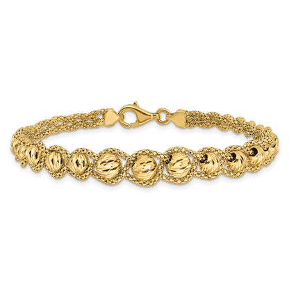 14K Yellow Gold Polished Textured And Diamond Cut Beaded Bracelet