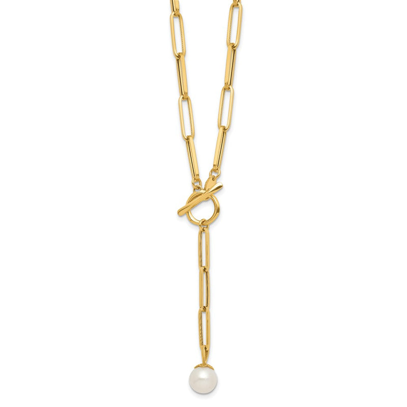 14K Yellow Gold Polished Freshwater Cultured Pearl Fancy Link Toggle Necklace