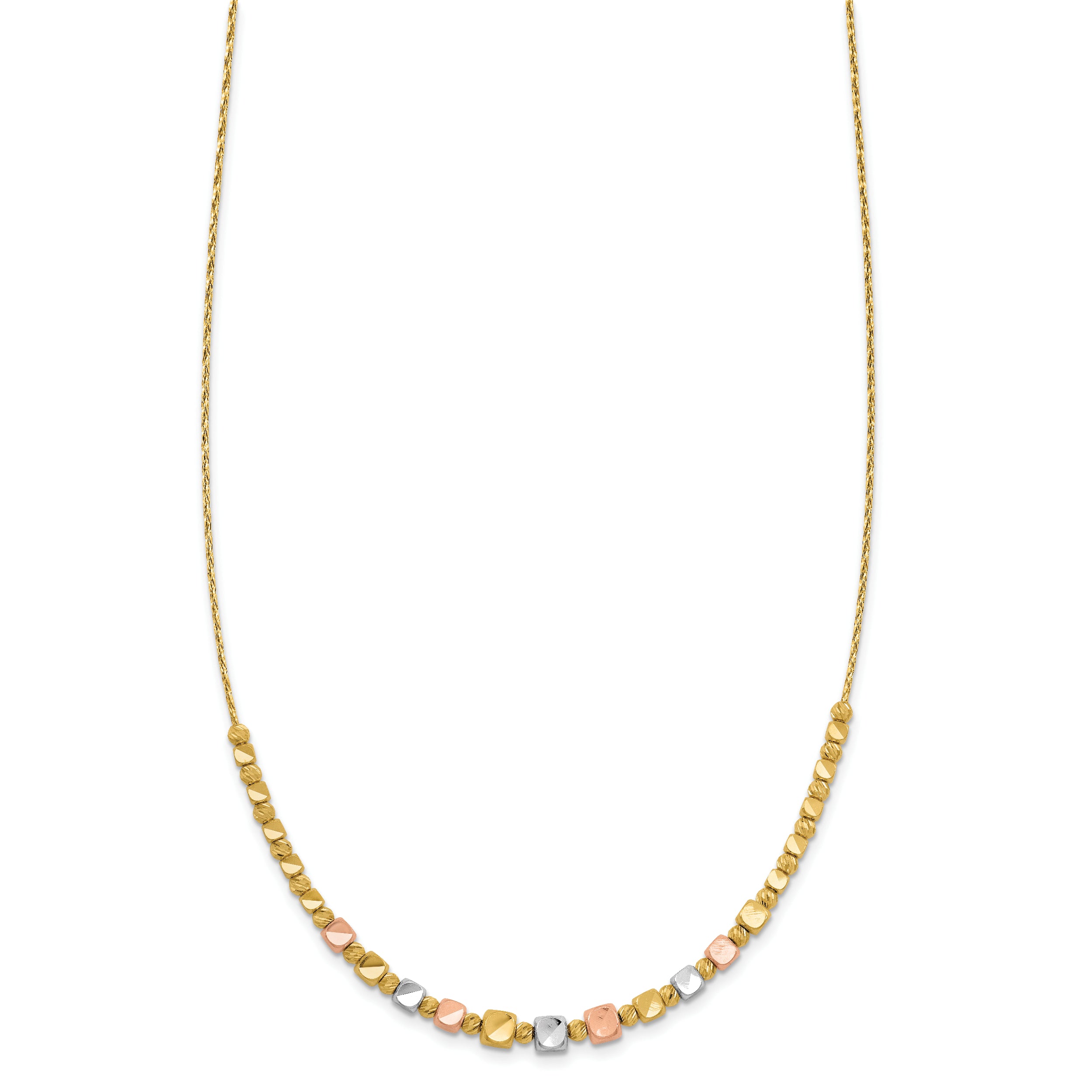 14K Tri Color Polished / Dc Square Beads 1In Ext. Necklace
