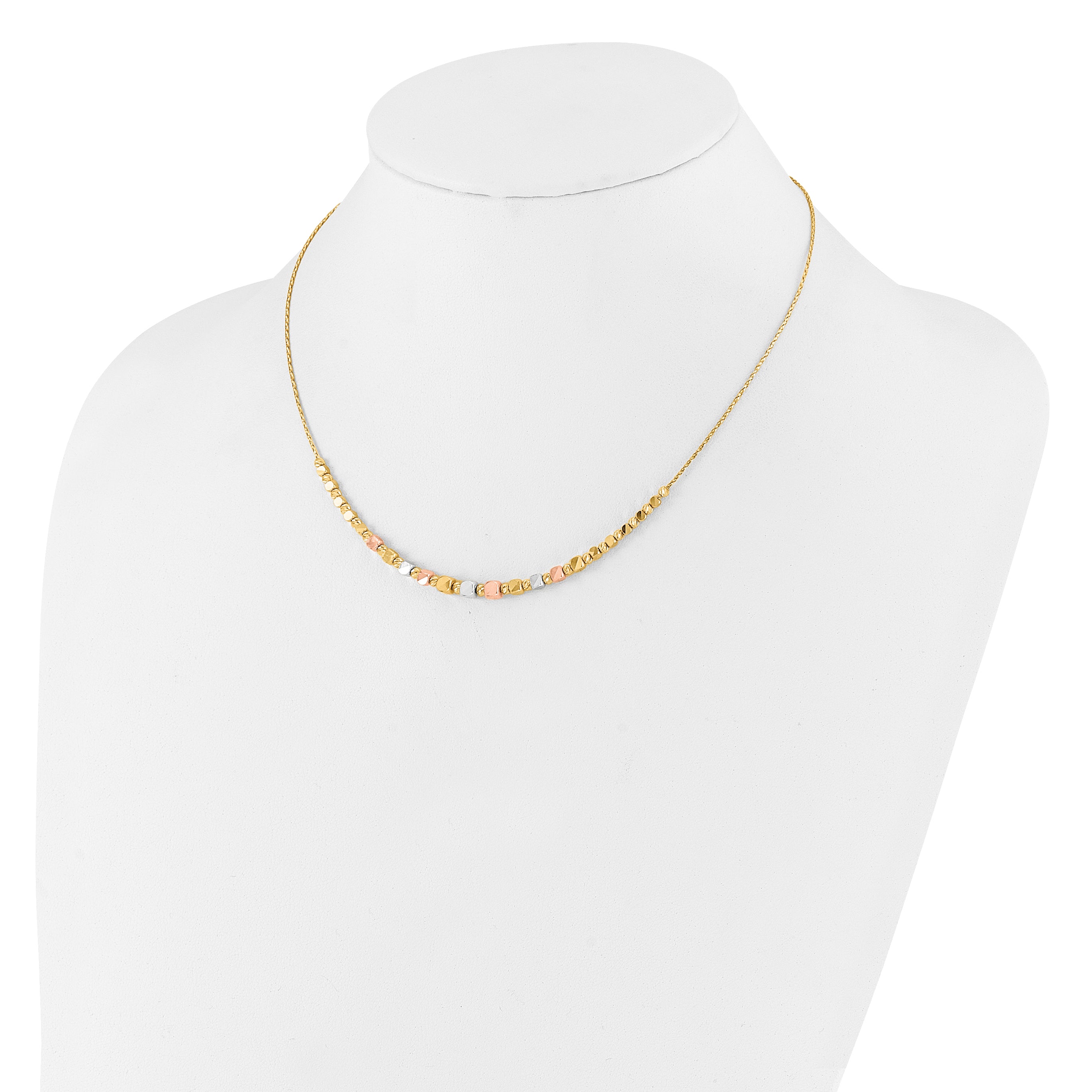 14K Tri Color Polished / Dc Square Beads 1In Ext. Necklace