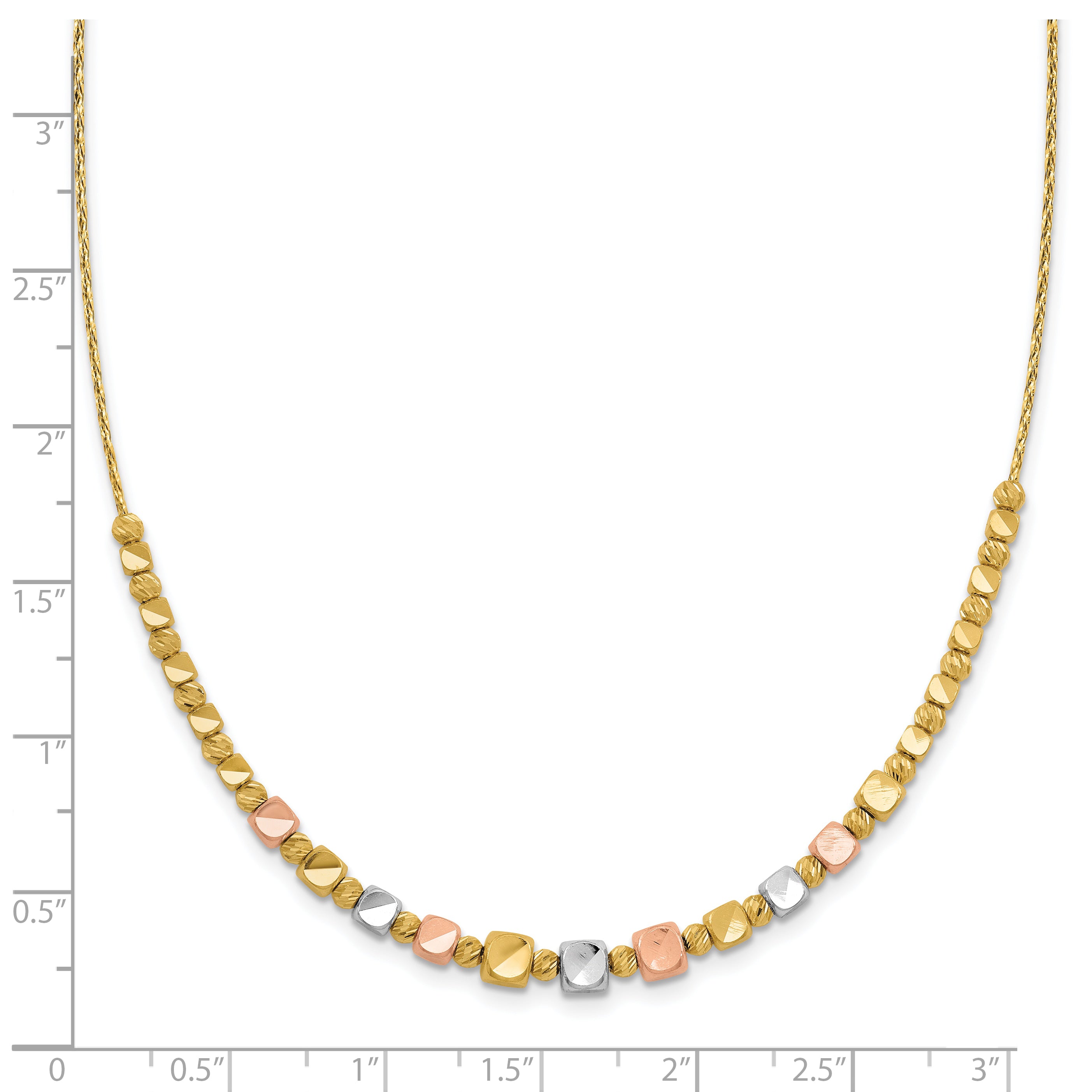 14K Tri Color Polished / Dc Square Beads 1In Ext. Necklace