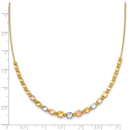 14K Tri Color Polished / Dc Square Beads 1In Ext. Necklace