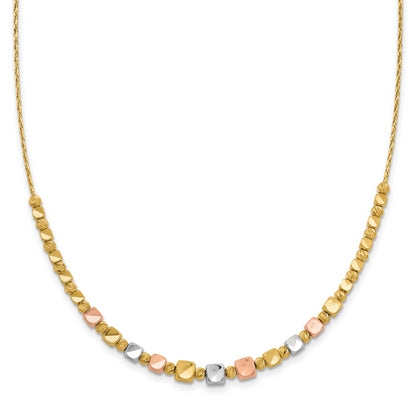 14K Tri Color Polished / Dc Square Beads 1In Ext. Necklace