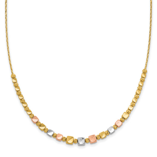14K Tri Color Polished / Dc Square Beads 1In Ext. Necklace