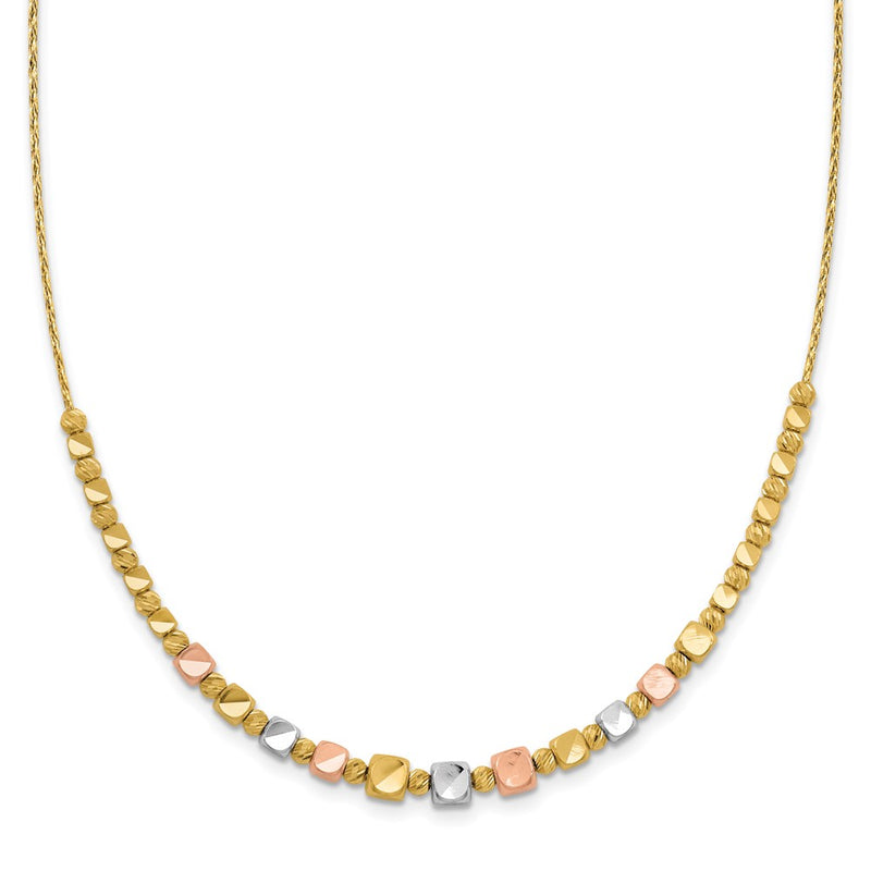 14K Tri Color Polished / Dc Square Beads 1In Ext. Necklace