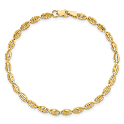 14K Yellow Gold Polished And Textured Fancy Oval Link Bracelet