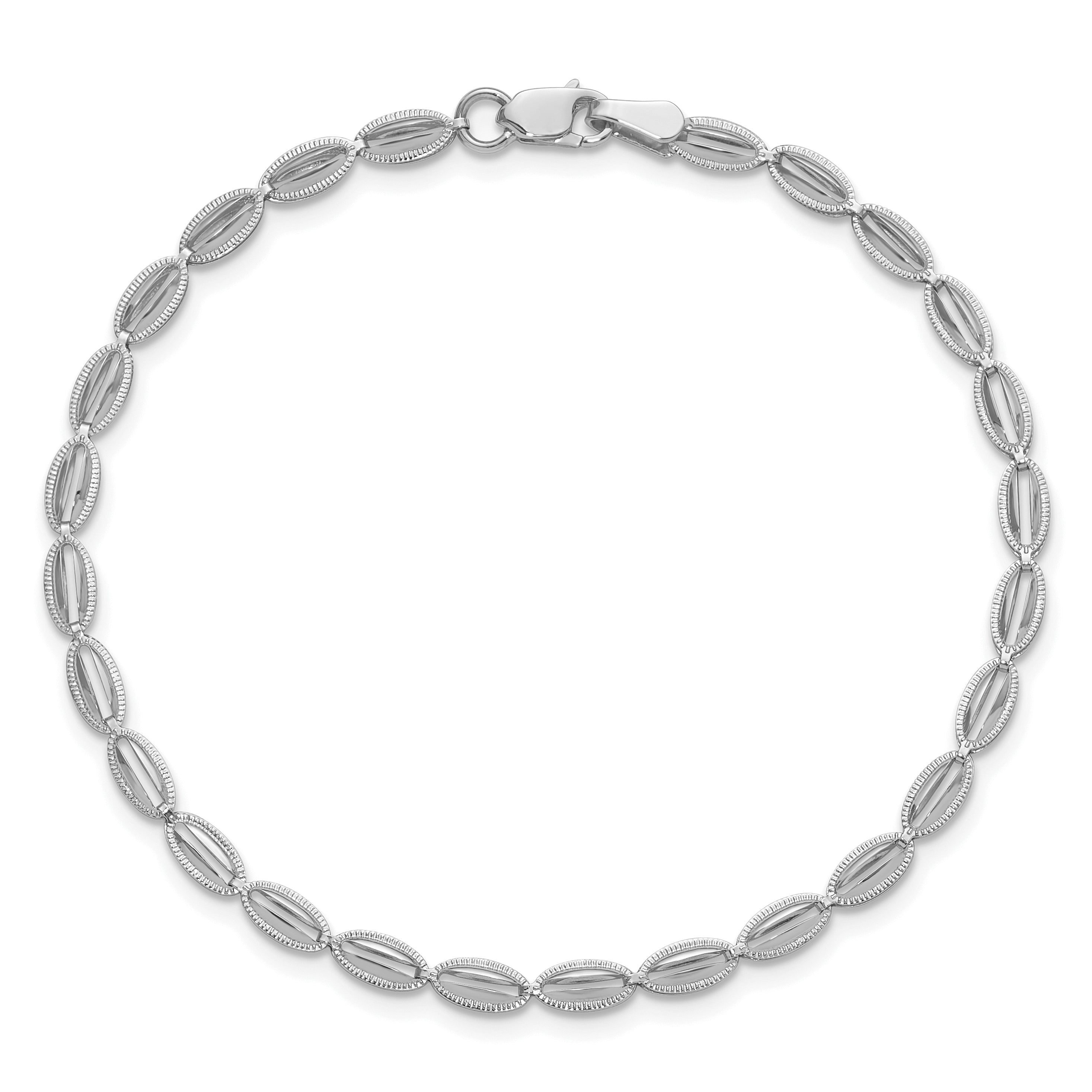 14K White Gold Polished / Textured Fancy Oval Link Bracelet