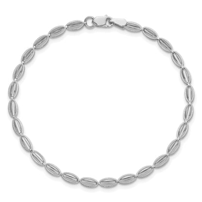 14K White Gold Polished / Textured Fancy Oval Link Bracelet