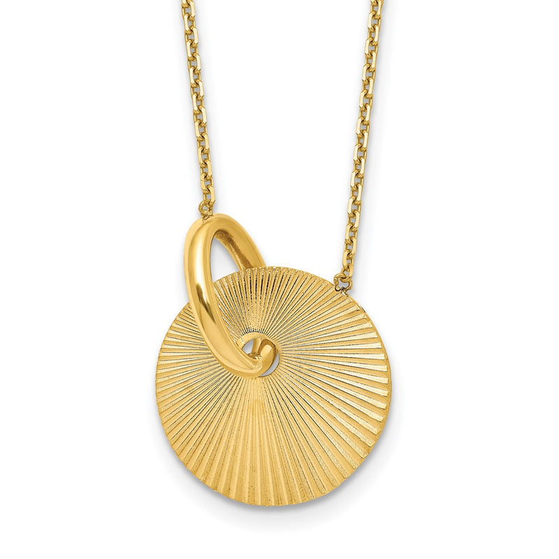 14K Yellow Gold Polished And Textured Circle 16In With 2In Ext Necklace