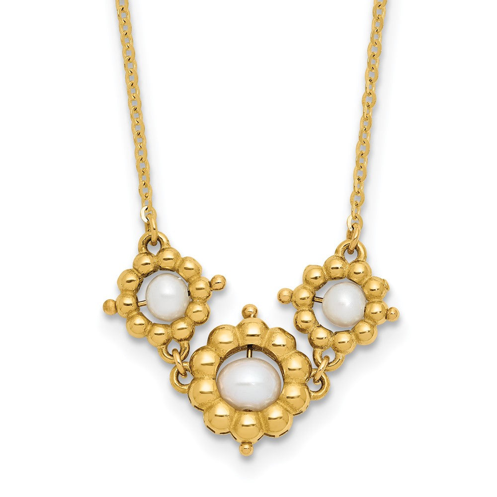 14K Yellow Gold Polished Fwc Pearl Flower 16In 2In Ext. Necklace