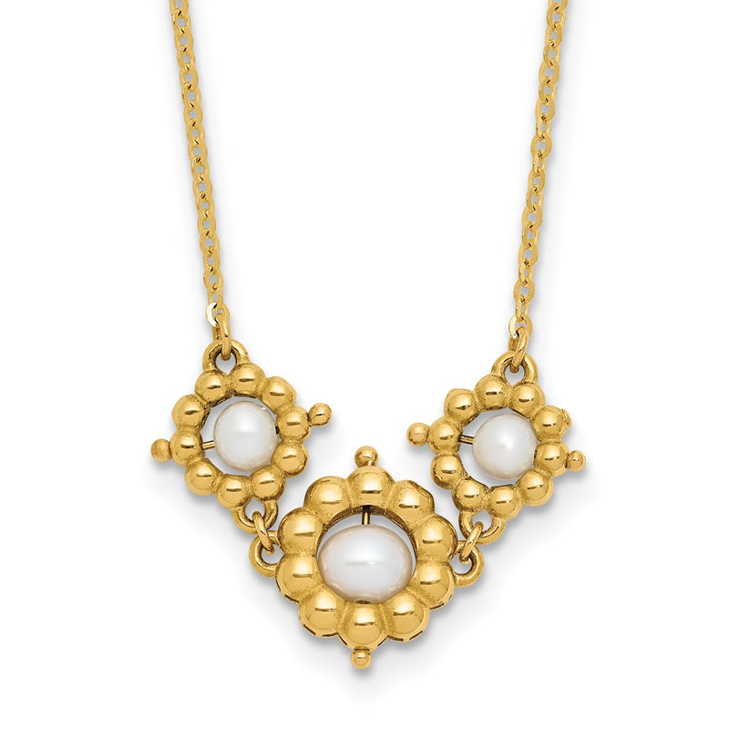 14K Yellow Gold Polished Fwc Pearl Flower 16In 2In Ext. Necklace