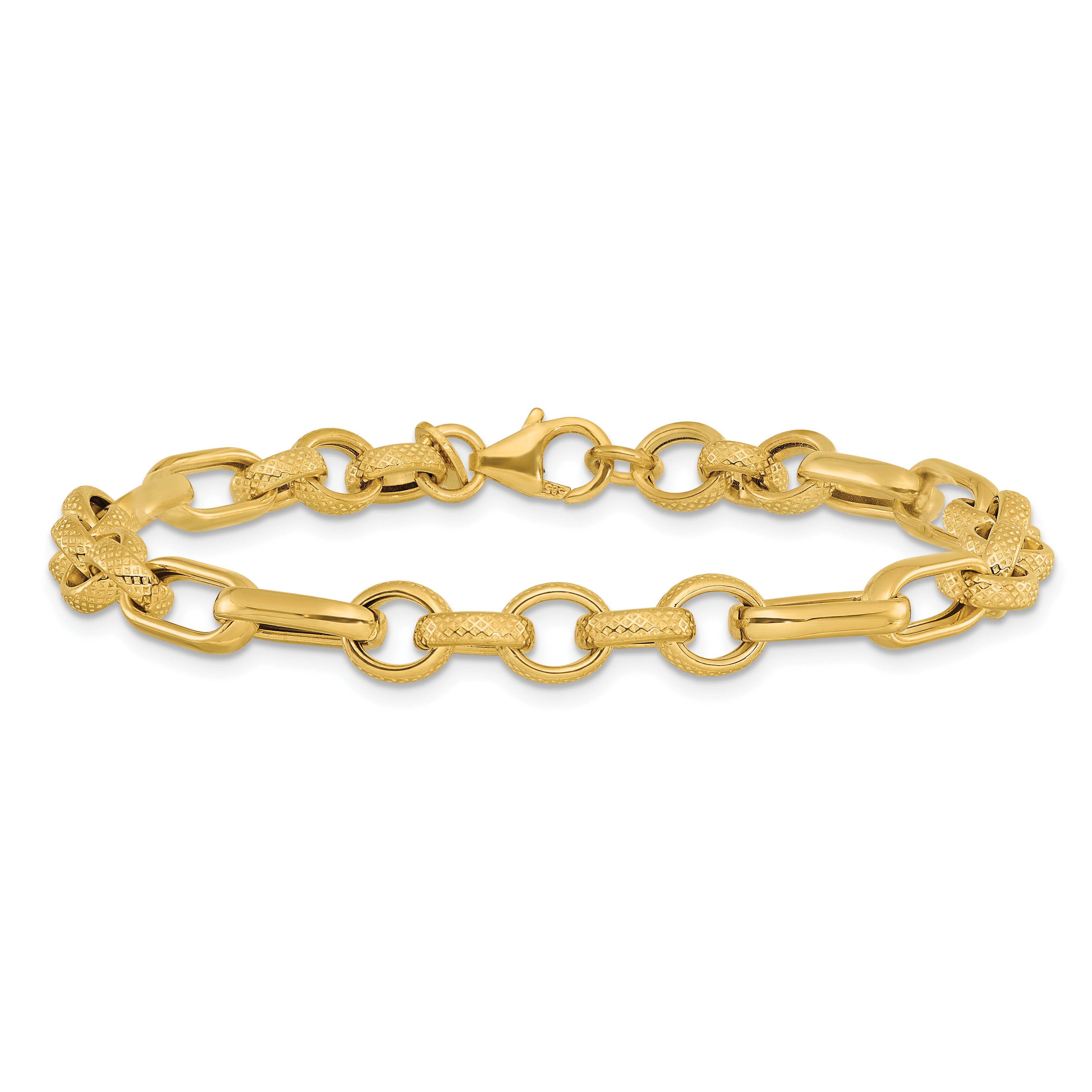 14K Yellow Gold Polished And Textured Fancy Link Bracelet