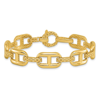 14K Yellow Gold Polished And Textured Fancy Link Chain Bracelet