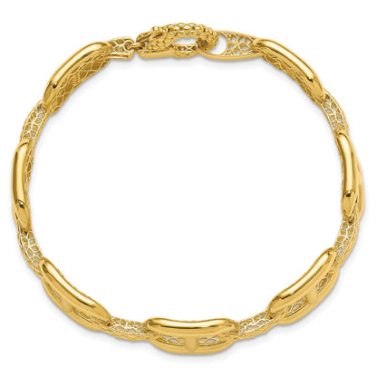 14K Yellow Gold Polished And Textured Fancy Link Chain Bracelet