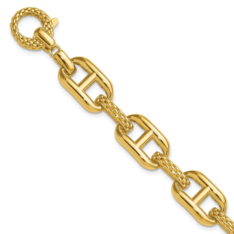 14K Yellow Gold Polished And Textured Fancy Link Chain Bracelet