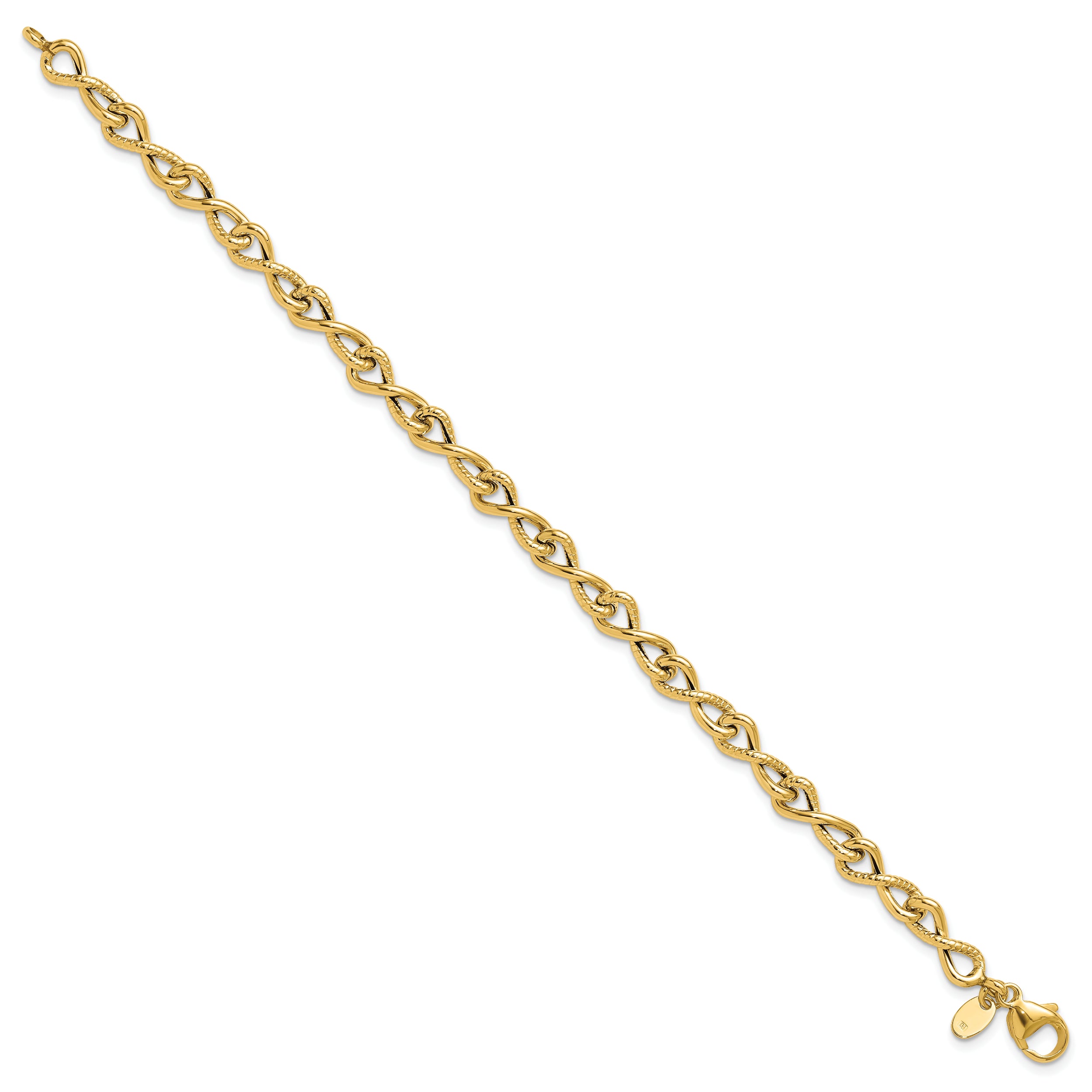 14K Yellow Gold Polished/Textured Twisted Infinity Link Bracelet