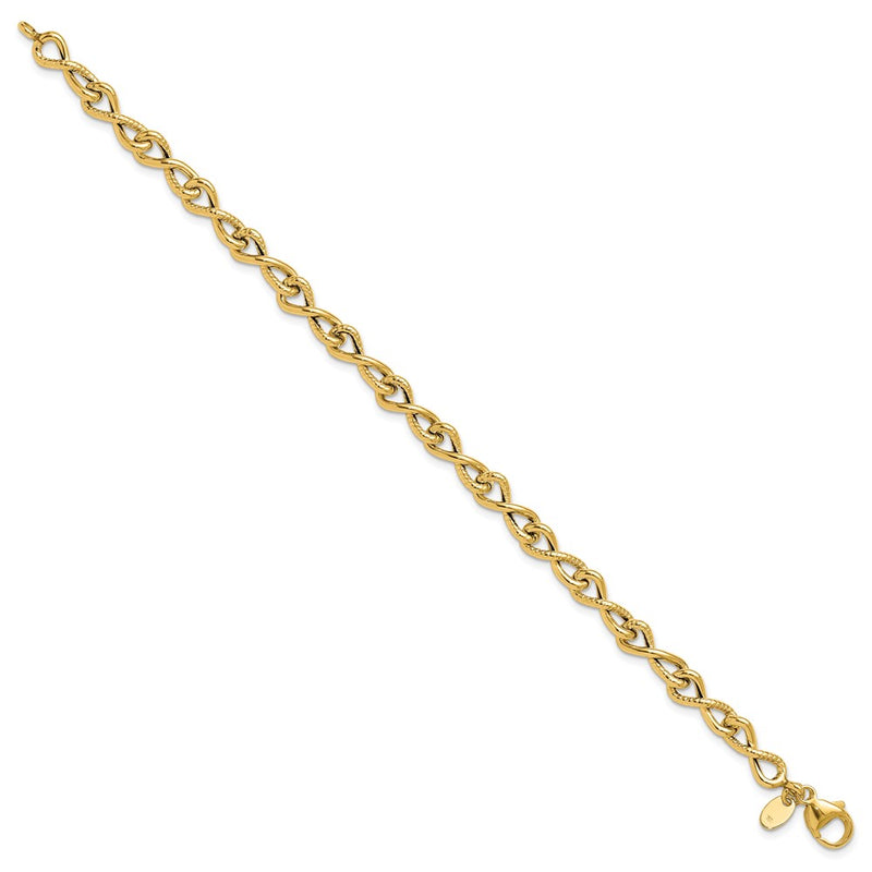 14K Yellow Gold Polished/Textured Twisted Infinity Link Chain Bracelet