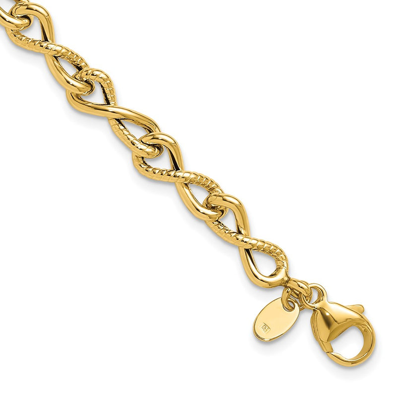 14K Yellow Gold Polished/Textured Twisted Infinity Link Chain Bracelet