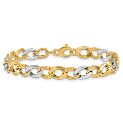 14K Two Tone Polished And Textured Fancy Link Bracelet