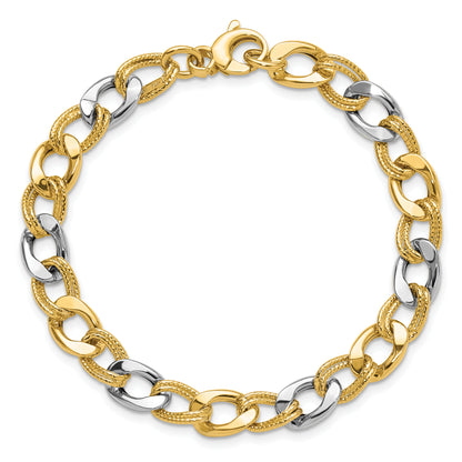 14K Two Tone Polished And Textured Fancy Link Bracelet