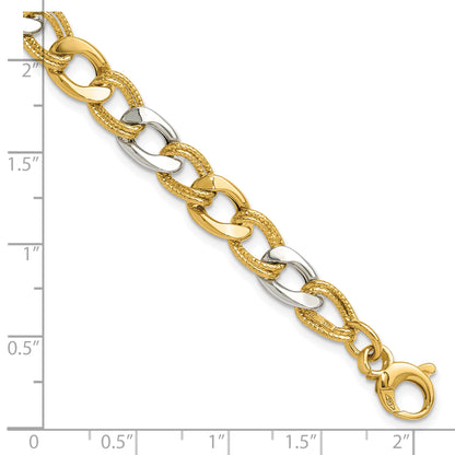 14K Two Tone Polished And Textured Fancy Link Bracelet