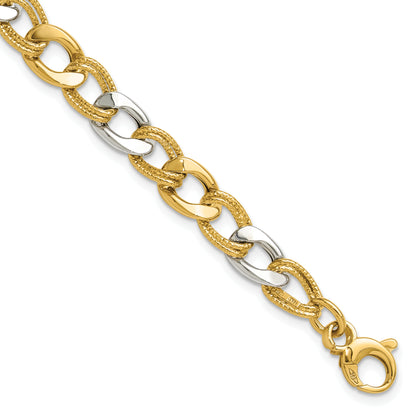 14K Two Tone Polished And Textured Fancy Link Bracelet