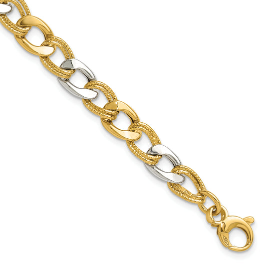 14K Two Tone Polished And Textured Fancy Link Bracelet