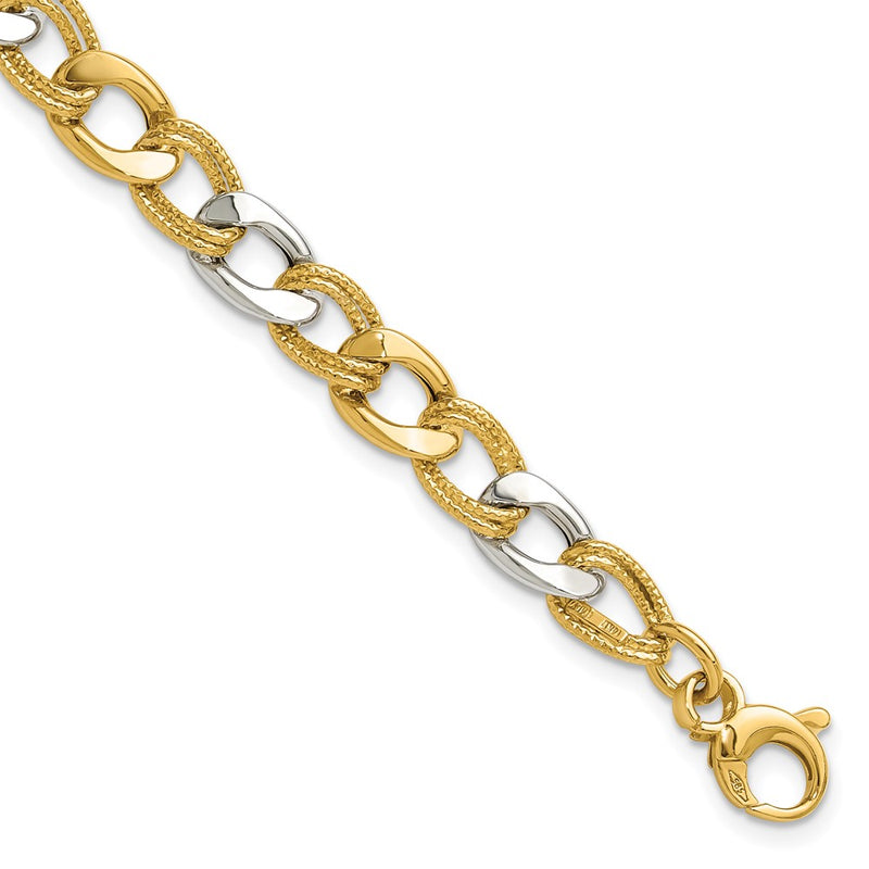 14K Two Tone Polished And Textured Fancy Link Bracelet